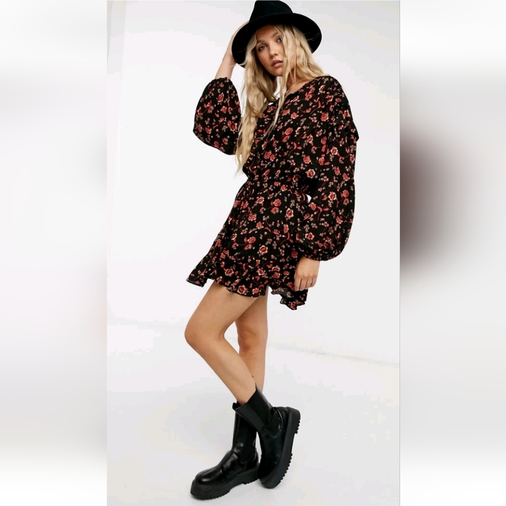 Free People Black Orange Floral Flower Fields Boho Mini Dress Women's Size Large